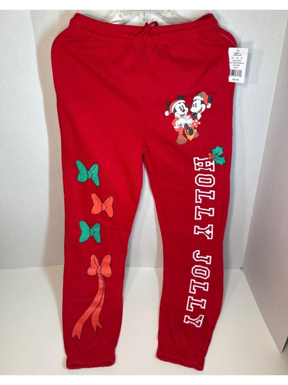 Disney Mickey Minnie Mouse red sweatpants Holly Jolly Christmas Juniors Small S